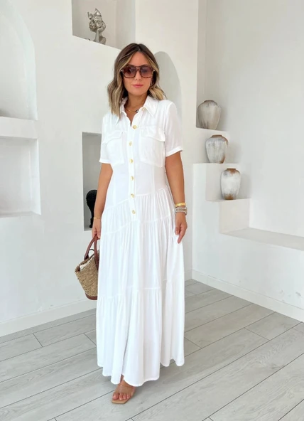 Kadın Dokuma Kumaş Cep Detaylı axi Boy Gömlek Elbise - Resim 4