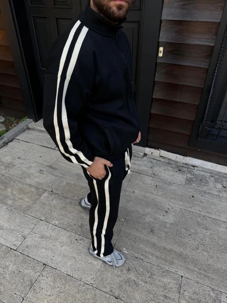 Erkek Çift Şeritli Eşofman Takım Dik Yaka Fermuarlı weatshirt Boru Paça Alt, Oversize 3 Iplik Pamuklu  iyah - Resim 3
