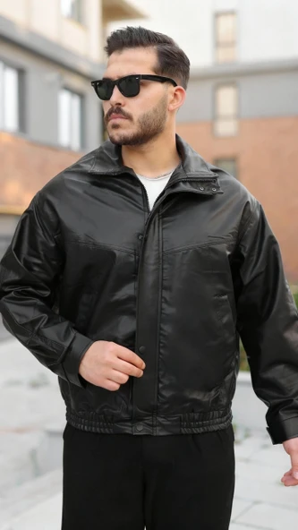 Erkek Içi Astarlı Oversize Deri Ceket - Resim 2