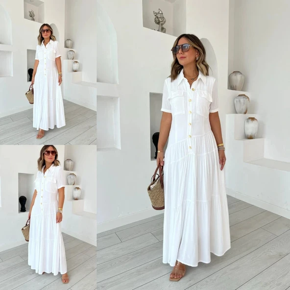 Kadın Dokuma Kumaş Cep Detaylı axi Boy Gömlek Elbise - Resim 5