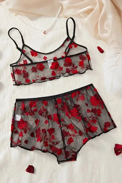 Çiçek Desenli Transparan Şortlu Gecelik ürün görseli 1