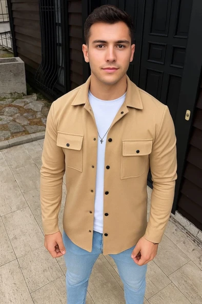 Erkek Diagonal Kumaş Cepli Çıtçıtlı Uzun Kollu, Gömlek Oversize Rahat Kalıp Günlük Şık til  Bej ürün görseli