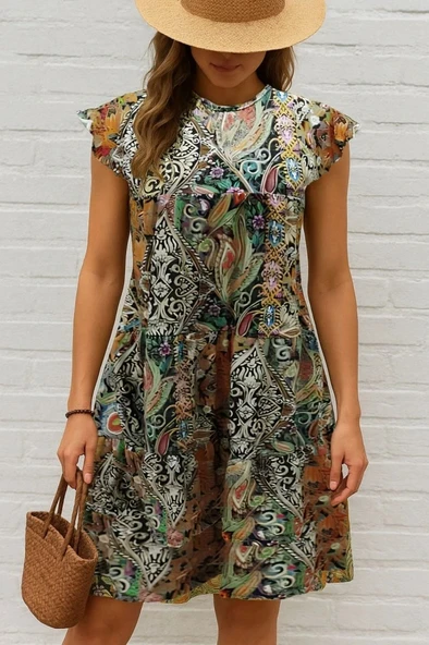 Kadın Kısa Kollu Kolları Fırfırlı Bisiklet Yakalı Kare Desenli Elbise ürün görseli