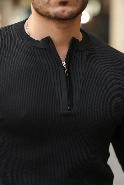 Erkek Fermuarlı Bisiklet Yaka Dokulu Uzun Kollu Triko - Resim 3