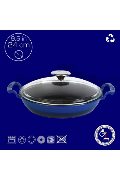 LAVA Döküm Yuvarlak Sahan Cam Kapaklı Döküm Demir Yekpare Çift Kulplu 24cm-LV Y TV 24 SHN K3 B - Resim 4