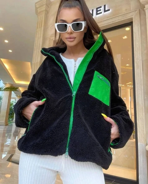 Kadın Uzun Kollu Renkli Cep Ve Fermuar Detay Peluş ont ürün görseli