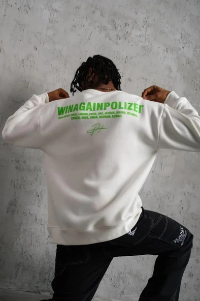 Erkek Oversize weatshirt – Beyaz Renk  Ön Ve ırt Baskılı, Üç İplik İçi Pamuklu Kumaş, Rahat Kalıp, Ribanalı Kışlık weat ürün görseli
