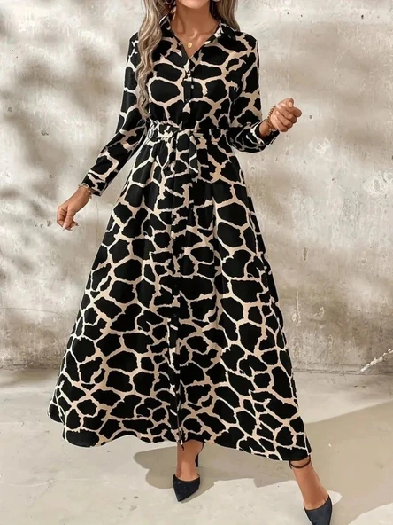 Kadın Uzun Kollu Yakalı önü Düğmeli Desenli Belden Kuşaklı Uzun Süprem Elbise - Resim 4