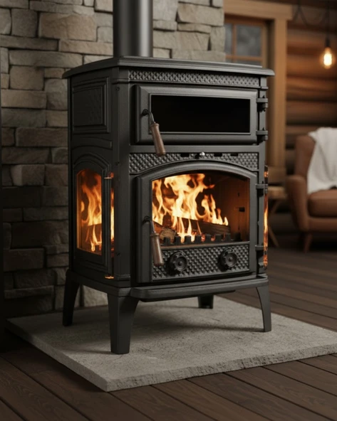 Reyo Stove Kemah Üç Camlı Yan Kapak Fırınlı Döküm Şömine Soba - Resim 2