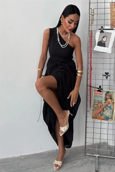 Tek Omuzlu Pile Detay Maxi Elbise 2895 - Resim 2