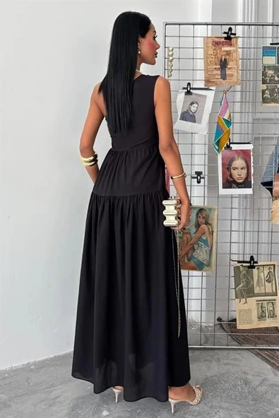 Tek Omuzlu Pile Detay Maxi Elbise 2895 - Resim 4