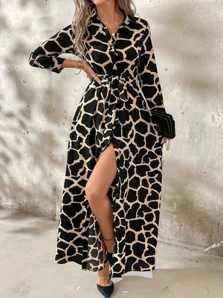 Kadın Uzun Kollu Yakalı önü Düğmeli Desenli Belden Kuşaklı Uzun Süprem Elbise - Resim 3