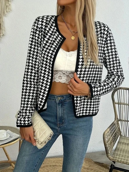 Kadın Uzun Kollu Kaz Ayağı Desenli şardonlu Dalgıç Ceket ürün görseli 1