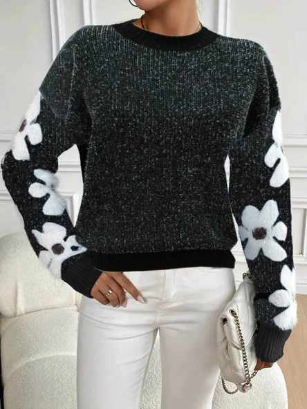 Kadın Uzun Kollu Bisiklet Yaka çiçek Desenli Triko Bluz ürün görseli