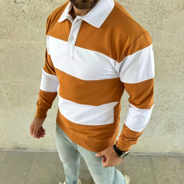 Erkek Polo Yaka Uzun Kollu Çizgili weatshirt Trend Rugby til  Turuncu - Resim 4