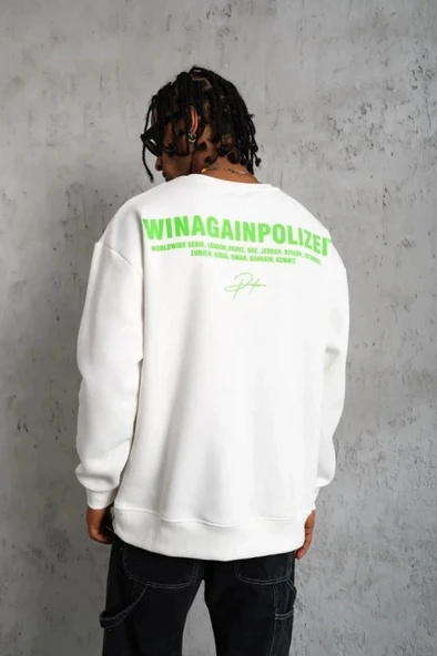Erkek Oversize weatshirt – Beyaz Renk  Ön Ve ırt Baskılı, Üç İplik İçi Pamuklu Kumaş, Rahat Kalıp, Ribanalı Kışlık weat - Resim 3
