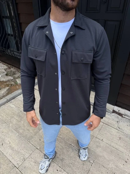 Erkek Diagonal Kumaş Cepli Çıtçıtlı Uzun Kollu, Gömlek Oversize Rahat Kalıp Günlük Şık til  Füme - Resim 4