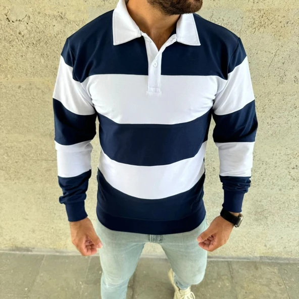Erkek Polo Yaka Uzun Kollu Çizgili weatshirt Trend Rugby til  acivert - Resim 4