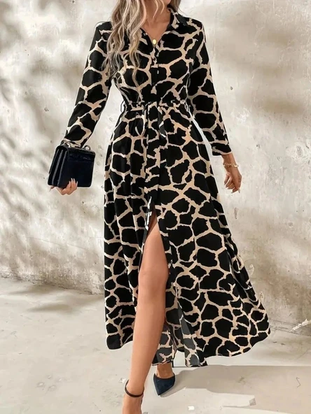 Kadın Uzun Kollu Yakalı önü Düğmeli Desenli Belden Kuşaklı Uzun Süprem Elbise - Resim 2