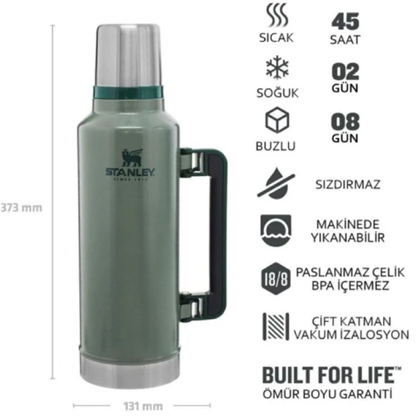 Stanley Klasik Vakumlu 1.9 lt Çelik Termos Yeşil - Resim 3