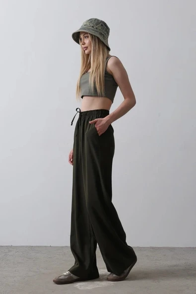 Beli Lastikli Bol Paça Pantolon  Haki - Resim 2