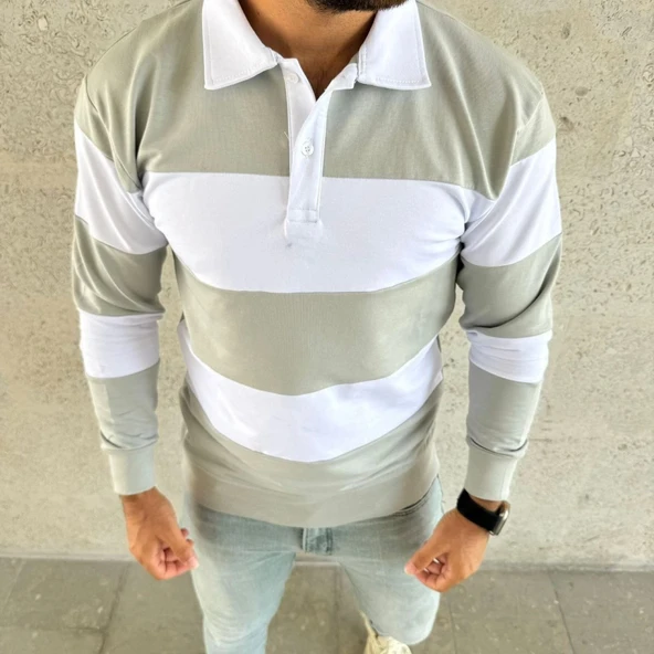Erkek Polo Yaka Uzun Kollu Çizgili weatshirt Trend Rugby til  int Yeşili - Resim 2
