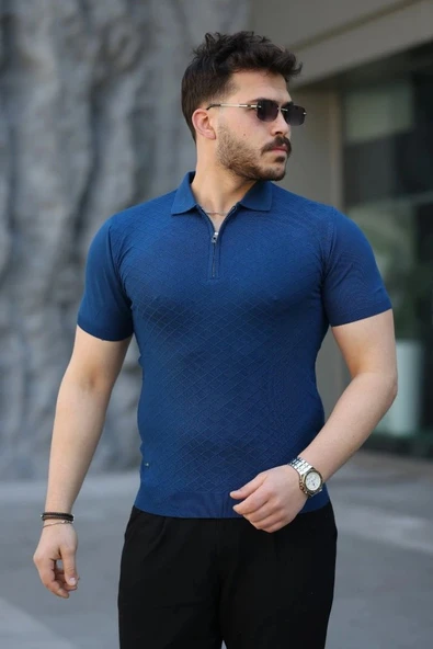 Erkek Viskon Kumaş Polo Yaka Desenli Tişört - Resim 2