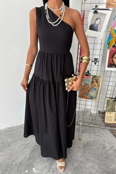 Tek Omuzlu Pile Detay Maxi Elbise 2895 - Resim 3