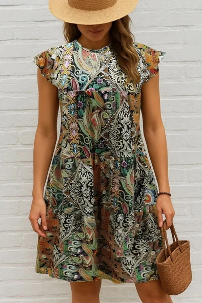 Kadın Kısa Kollu Kolları Fırfırlı Bisiklet Yakalı Kare Desenli Elbise - Resim 3