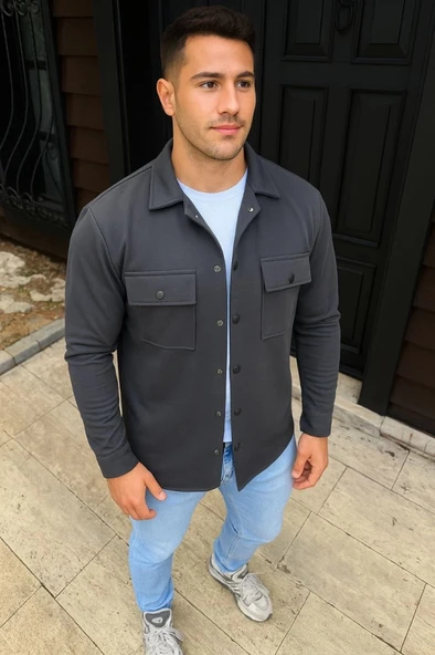 Erkek Diagonal Kumaş Cepli Çıtçıtlı Uzun Kollu, Gömlek Oversize Rahat Kalıp Günlük Şık til  Füme ürün görseli