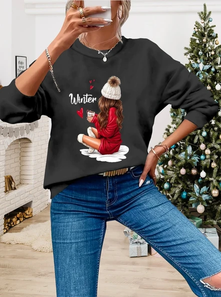 Kadın Yılbaşı Özel Uzun Kollu Bisiklet Yaka Desenli Viskon Iki Iplik Bluz ürün görseli