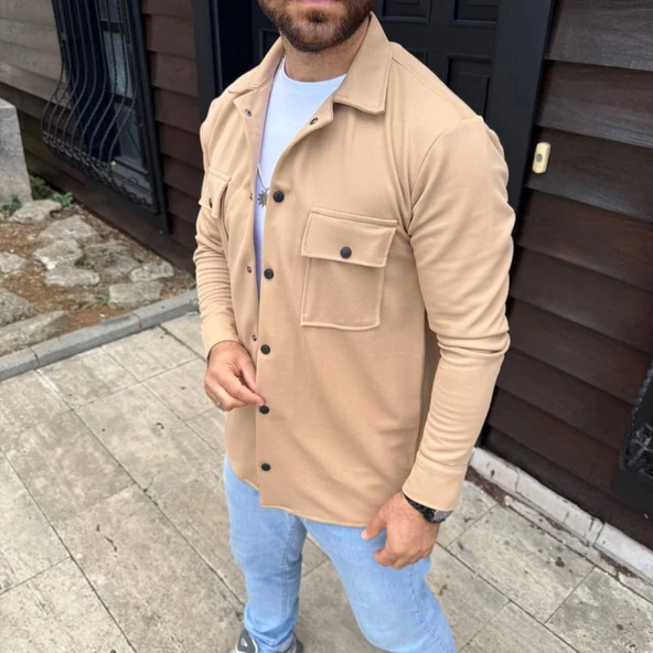 Erkek Diagonal Kumaş Cepli Çıtçıtlı Uzun Kollu, Gömlek Oversize Rahat Kalıp Günlük Şık til  Bej - Resim 2
