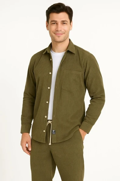 Erkek Kadife Oversize Takım – Gömlek Ve Pantolon İkili et Füme Corduroy Şıklığı, Rahat Ve Zarif Duruş Yumuşak Dokulu Kad - Resim 3