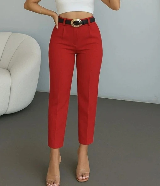 Kadın Yüksek Bel Gipe Detay Dar Paça Kısa Pantolon ürün görseli 1