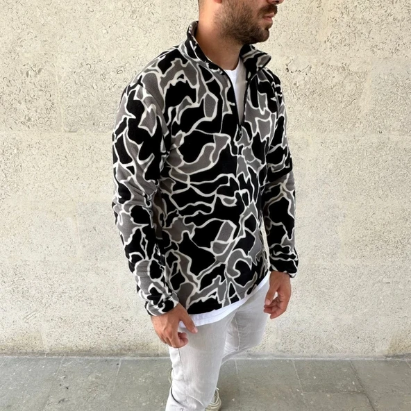 Erkek Yarım Fermuarlı Desenli Polar weat Yakalı, Uzun Kollu, Oversize Rahat Kalıp  iyah - Resim 3