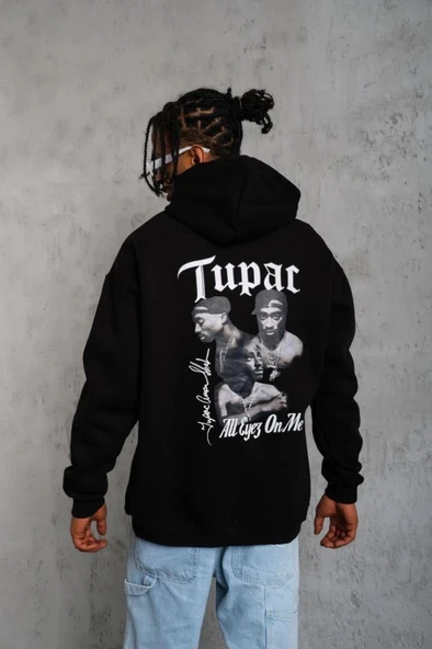 Erkek Oversize Üç İplik Kapüşonlu weat – iyah Kol Ve Etek Ribana Detaylı, Ön Ve ırt Baskılı, Kanguru Cepli Rahat Kalıp o - Resim 3