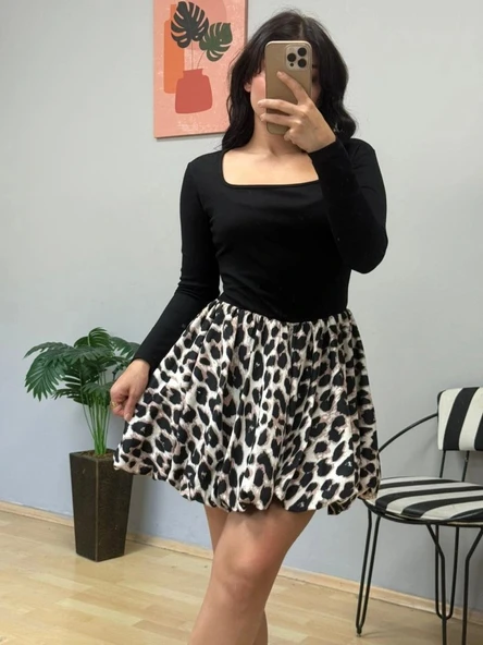 Kadın Uzun Kollu Kare Yaka Mini Balon Modal Elbise - Resim 2