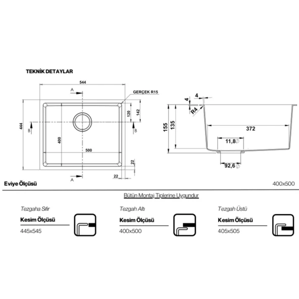 Real Stone Steep 50x40 Antrasit Granit Mutfak Eviyesi - Resim 3