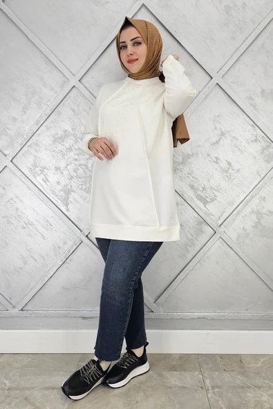 KADIN NERVÜR DİKİM TAŞ DETAYLI TESETTÜR TUNİK - Resim 2