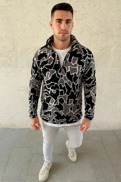 Erkek Yarım Fermuarlı Desenli Polar weat Yakalı, Uzun Kollu, Oversize Rahat Kalıp  iyah ürün görseli