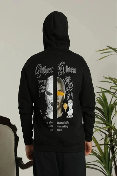 Erkek Kapşonlu weatshirt – Oversize Üç İplik Şardonlu Hoodie, “Other ives” Ön  Arka Baskılı, Kanguru Cepli, Kışlık Rahat ürün görseli