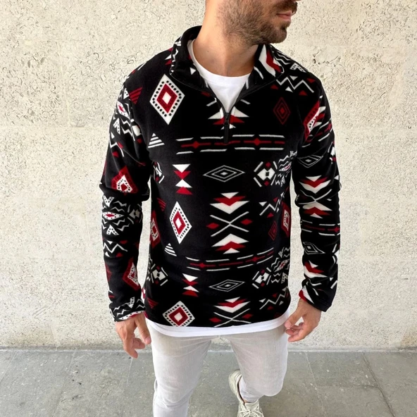 Erkek Yarım Fermuarlı Desenli Polar weat Tribal Etnik Desen Yakalı, Uzun Kollu, Oversize Rahat Kalıp,  iyah - Resim 3