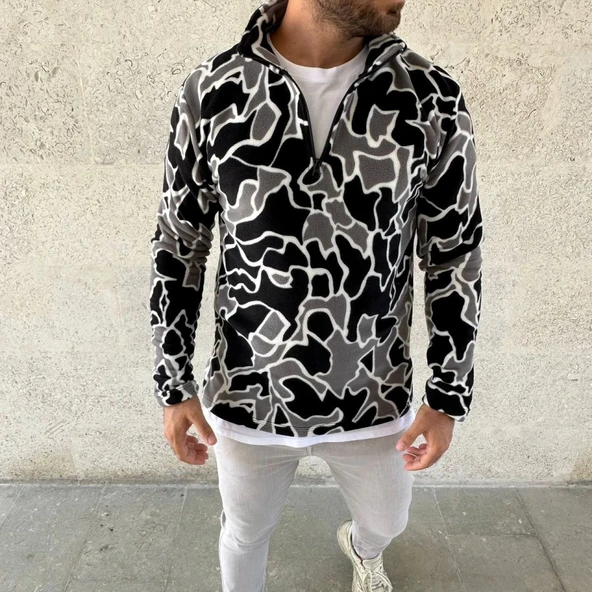 Erkek Yarım Fermuarlı Desenli Polar weat Yakalı, Uzun Kollu, Oversize Rahat Kalıp  iyah - Resim 4