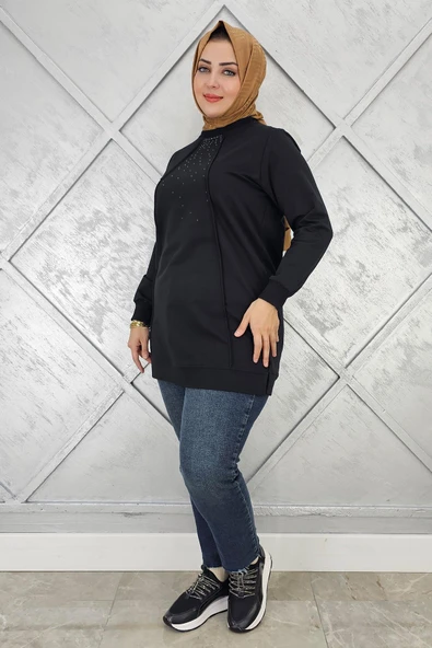 KADIN NERVÜR DİKİM TAŞ DETAYLI TESETTÜR TUNİK - Resim 6