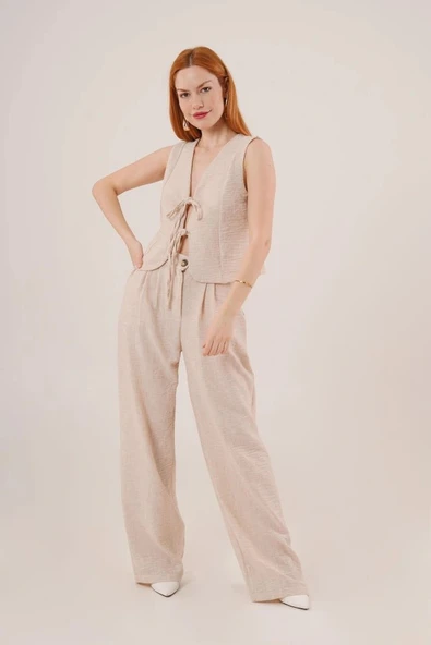 Ön Bağlama Detaylı Yelek Ve Pantolon Taş İkili Takım ürün görseli 1