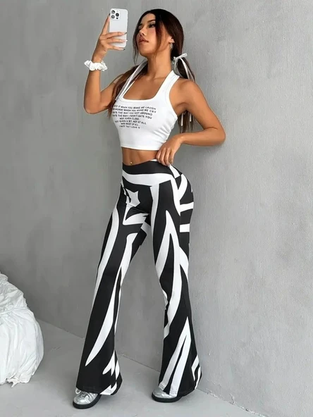 Kadın Yüksek Bel Zebra Desenli Dalgıç Tayt - Resim 3