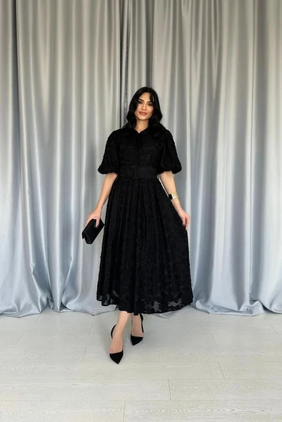 Siyah Kemerli Balon Kollu Elbise - Resim 2