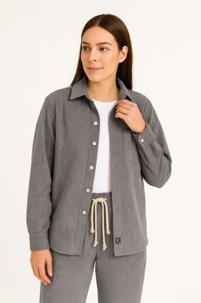 Kadife Oversize Takım – Gömlek Ve Pantolon İkili et Füme Corduroy Şıklığı, Rahat Ve Zarif Duruş Yumuşak Dokulu Kadife Ku - Resim 3