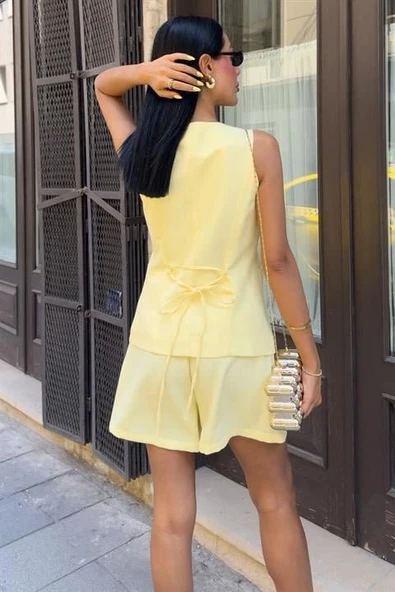 Gold Düğme Detaylı Yelek Şort Cotton Takım 10208 - Resim 4