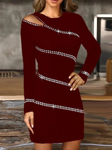 Kadın Uzun Kollu Omuz Pencere Detay Taş Işlemeli Dalgıç Mini Elbise - Resim 3